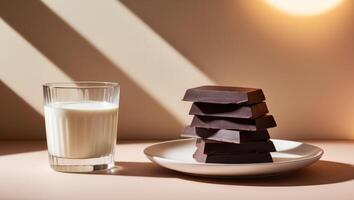 Stack of dark chocolate pieces on a plate with a glass of milk and warm lights in the background photo
