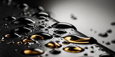 Beads of dark and gold water droplets on a black metallic surface photo
