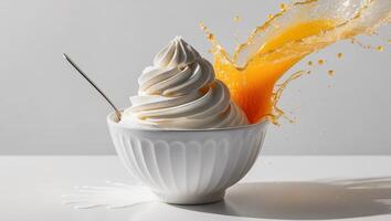 An orange juice splash is splashing into a cup of ice cream photo