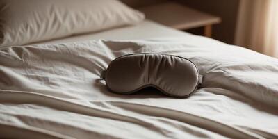 A white sleep mask is sitting on top of a bed photo
