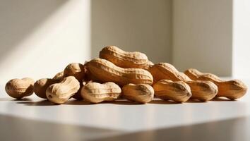 Peanuts are piled up on a table photo