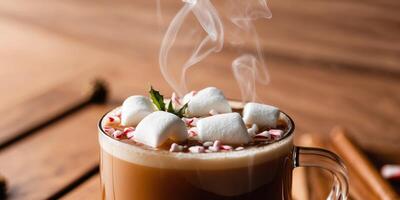 Hot chocolate with marshmallows and cinnamon on a wooden table photo