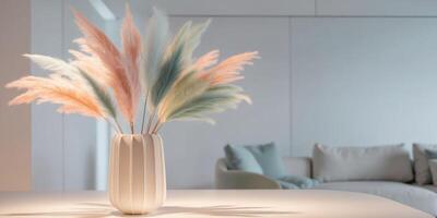 A vase with colorful feathers sitting on a table photo