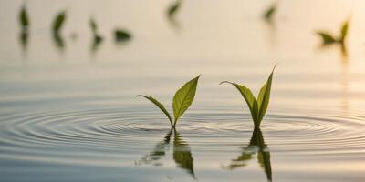 Two plants growing in water with the sun setting behind them photo