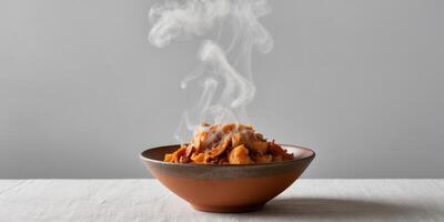 A bowl of food is steaming and has a lot of smoke coming out of it photo