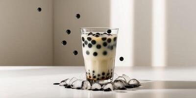 Refreshing bubble tea with tapioca pearls on ice photo