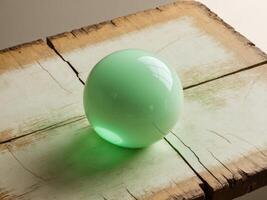 Green Glass Sphere on Rustic Wooden Surface photo