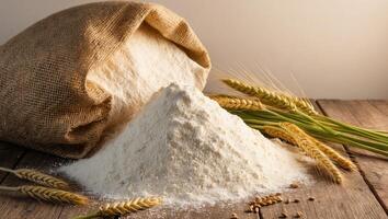 A burlap sack filled with flour with wheat stalks in the foreground photo