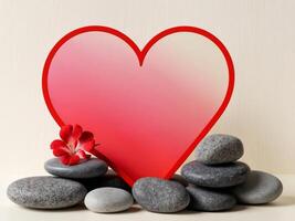 Red Heart on Grey Stones with a Single Red Flower - Symbol of Love and Nature photo