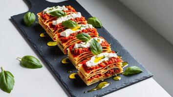 Trendy vegan lasagna served on a black slate board with garnish photo