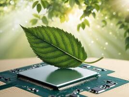 A Fresh Leaf Resting on a Circuit Board Symbolizing the Fusion of Nature and Technology with a Background of Soft Nature Light and Greenery photo