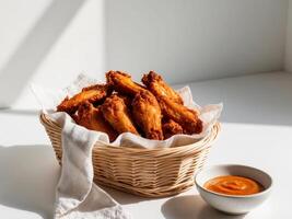 A basket filled with fried chicken wings and a bowl of sauce photo