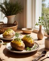 Two baked potatoes with herbs on a table photo