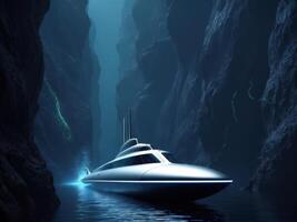 A futuristic boat in a cave with water and light photo