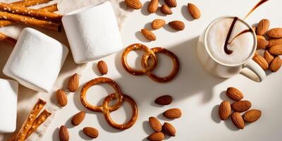 Marshmallows, almonds and coffee on a white background photo