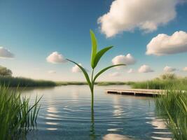 A plant growing out of the water in a marsh photo