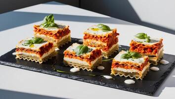 A plate of lasagna with basil and cheese photo