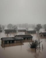 A flooded area with houses and trees photo