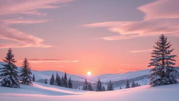 Winter landscape with snow covered trees and sun setting photo