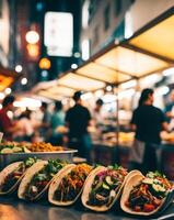 Vibrant Street Food Scene Featuring Delicious Tacos with Fresh Vegetables and Toppings at Night Market with Soft Glowing Lights and Urban Vibe photo