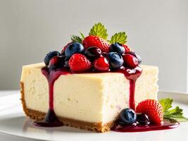 Indulging in creamy vanilla cheesecake adorned with a vibrant mixed berry compote and fresh berry sauce under soft natural lighting photo