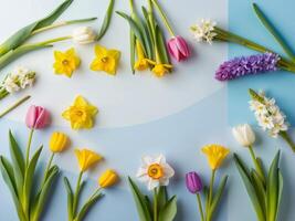 flat lay of spring flowers on blue background with copy space photo