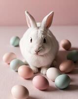 A white rabbit is sitting on a pink background with a bunch of eggs photo