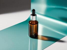 Amber dropper bottle mockup lying on teal metallic background photo