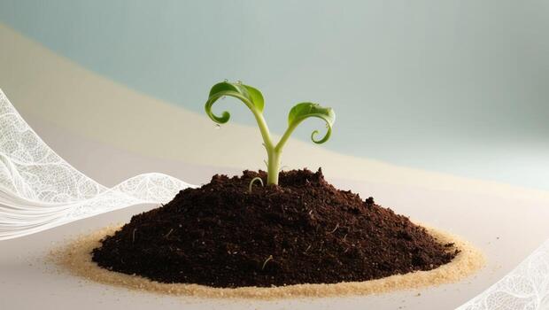 Fresh green sprout emerging from rich soil on a pastel background photo