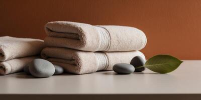 Soft Towels and Smooth Stones with Green Leaf on Orange Wall Background photo