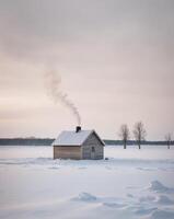 A small cabin is nestled in a snowy field photo