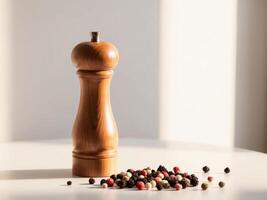 A pepper mill and pepper on a table photo
