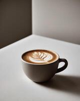 A cup of coffee with a leaf pattern on top photo