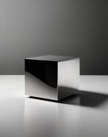 A cube shaped table with a silver top photo
