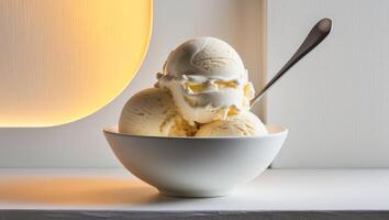 A bowl of ice cream with a spoon in it photo