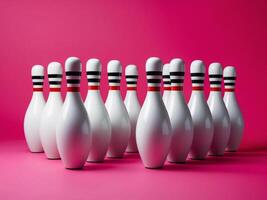 Bowling pins arranged on a bright pink background for a vibrant recreational setting photo
