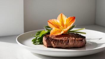 Succulent beef steak garnished with vibrant flower photo