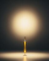 Glowing Golden Vial Medical Serum Dark Background Illuminated Liquid photo