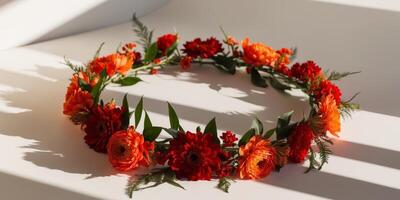 Beautiful floral crown made from vibrant red and orange flowers suitable for festive occasions photo
