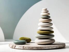 Stack of balancing pebbles creating harmony and tranquility in nature photo