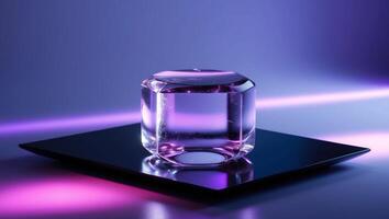 A Single Ice Cube Glistens Under Purple And Blue Light photo