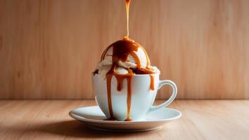 Ice cream sundae in white cup with caramel sauce and wooden table background photo