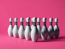 Bowling pins arranged on a bright pink background for a vibrant recreational setting photo