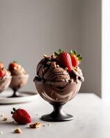 Delicious Chocolate Ice Cream Sundae with Strawberries and Nuts photo