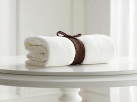 A white towel is tied with a brown string and is placed on a white table photo