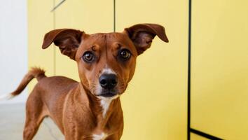 A brown dog standing in front of a yellow wall photo