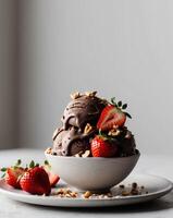 A bowl of chocolate ice cream with strawberries and nuts photo
