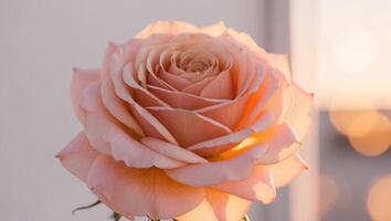 A single rose is shown in front of a window photo