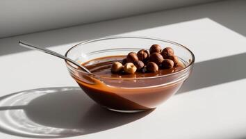 A glass bowl filled with chocolate and nuts photo