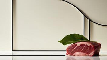 A piece of meat with a green leaf on top of it photo